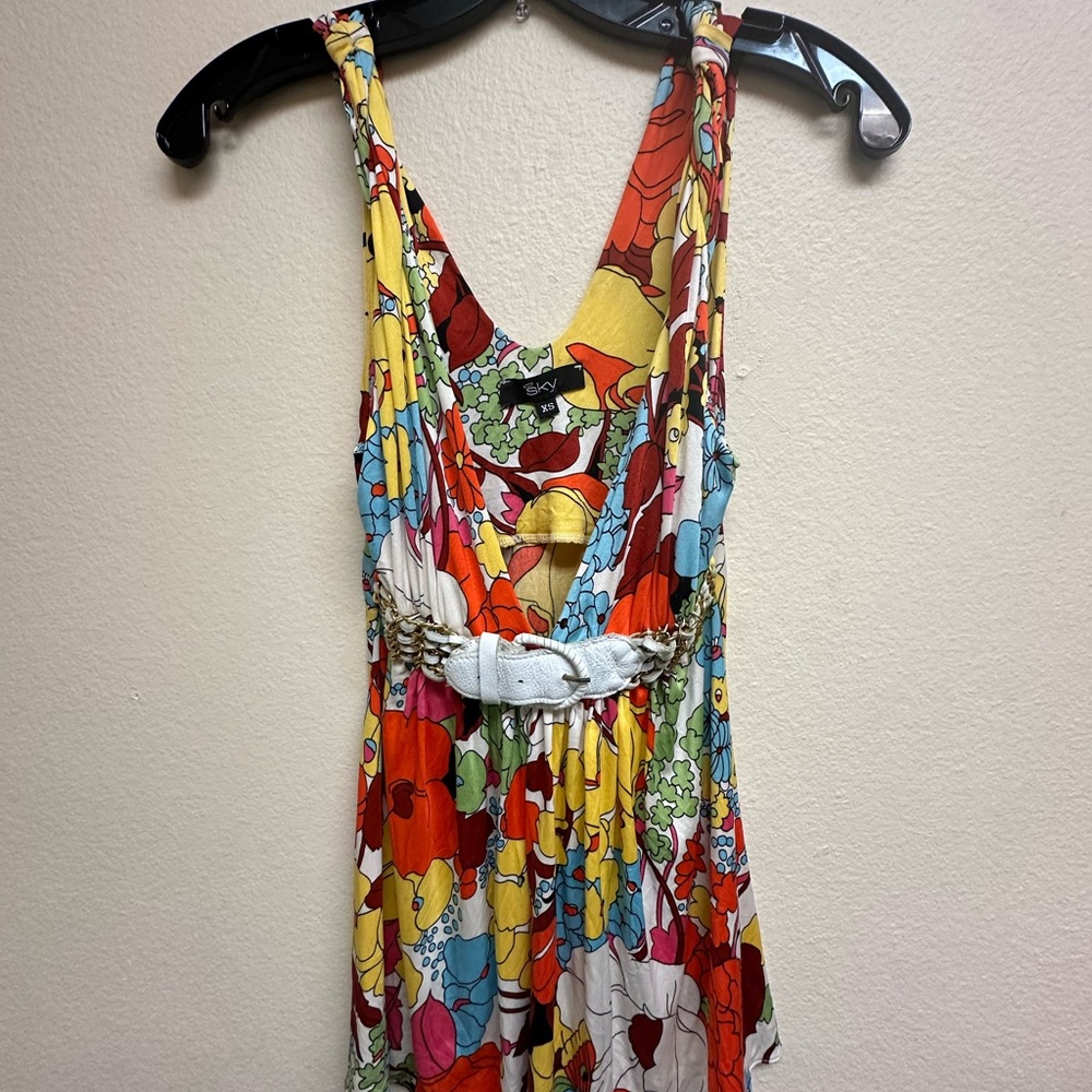 Sky Red and Yellow Vintage Silk Top with Abstract Floral Design